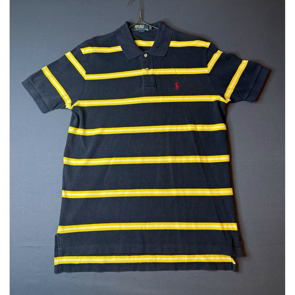 Polo Ralph Lauren Mens L Navy Yellow White Striped Cotton Polo Red Pony Y2K